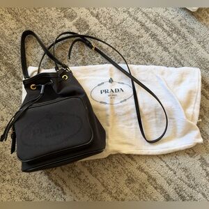 Prada Black Prada Logo Jacquard Bucket Canvas Tote Crossbody Bag
